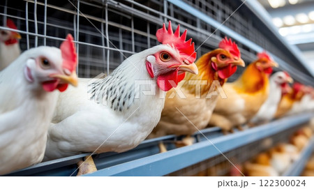 Spacious Indoor Chicken Farm with Rows of Cages 122300024