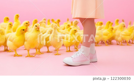Chicken in a Bright Indoor Cage with Fluorescent Lighting Chicken in a Bright Indoor Cage with Fluorescent Lighting 122300030