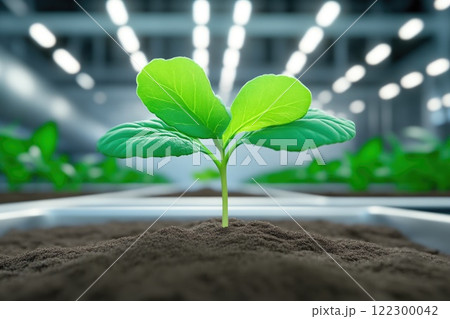 Close-up of hydroponic plant sprout under glowing lights 122300042