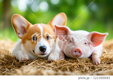 Corgi and Piglet Having Fun in the Barnyard 122300085
