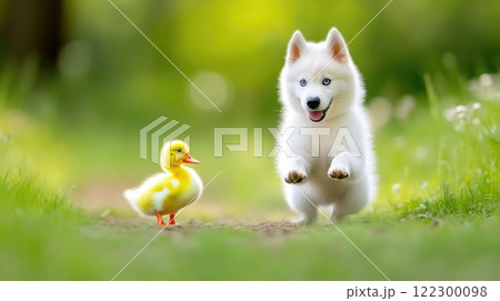 Siberian Husky and Duckling Enjoying Fun Moments Together Siberian Husky and Duckling Enjoying Fun Moments Together 122300098