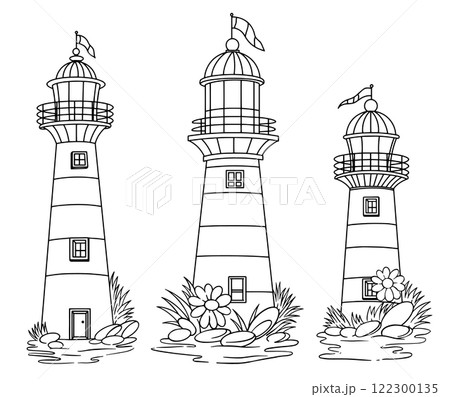 Coloring book for adults, set of lighthouses. cute vector illustration, line drawing Coloring book for adults, set of lighthouses. cute vector illustration, line drawing 122300135