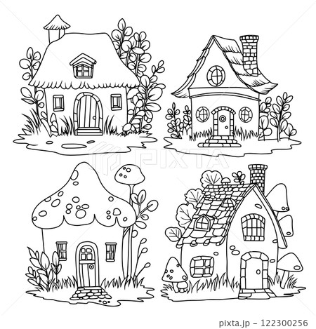 coloring book for adults. set of cute forest houses. vector illustration in doodle style, line drawing 122300256