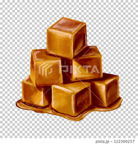 Caramel cut into cubes. A pile of soft caramel nougat. Sweet dessert. Watercolor illustration. Isolated from the background. Nougat or chocolate. Sweet square candies. Caramel cut into cubes. A pile of soft caramel nougat. Sweet dessert. Watercolor illustration. Isolated from the background. Nougat or chocolate. Sweet square candies. 122300257