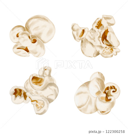 popcorn in a set, different types of snacks. Watercolor illustration without background. Close-up image of popcorn, realistic style. Food for holidays and children's parties. Movie party with snacks. popcorn in a set, different types of snacks. Watercolor illustration without background. Close-up image of popcorn, realistic style. Food for holidays and children's parties. Movie party with snacks. 122300258
