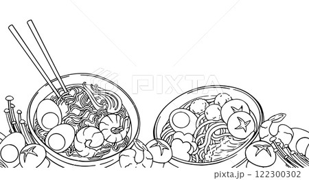 coloring book for adults. seamless border with asian cuisine, bowls with noodles and ramen ingredients. vector illustration in doodle style, line drawing coloring book for adults. seamless border with asian cuisine, bowls with noodles and ramen ingredients. vector illustration in doodle style, line drawing 122300302
