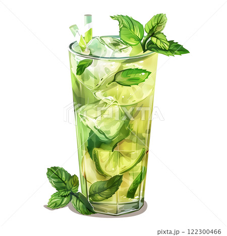 Refreshing Mint and Lime Beverage with Ice in a Tall Glass 122300466