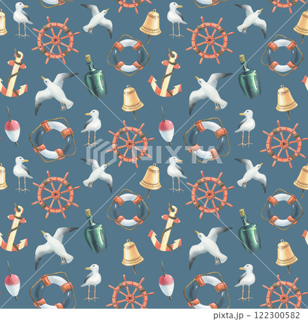 Watercolor illustration with anchor, seagulls, steering wheel, lifebuoy, rynda, bottle, float. Seamless pattern on the theme of sea fishing. For decoration and design of, fabrics, textiles, wallpaper 122300582