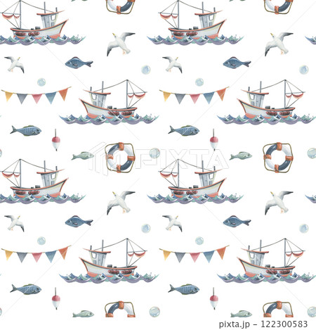 Watercolor illustration on the theme of sea fishing with a seamless pattern. Boat, lighthouse, fishing lodge, seagulls, flags, barrel, steering wheel, anchor, lifebuoy. For fabric, print, wallpaper. 122300583