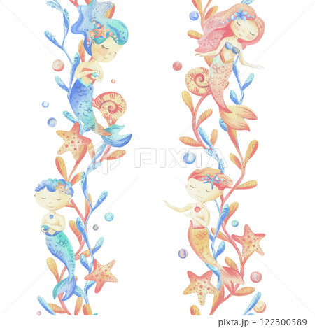 Mermaids is a little girls and boys with fish, seashell, corals, algae, starfish. Watercolor illustration hand drawn pastel colors coral and blue. Seamless board isolated from background Mermaids is a little girls and boys with fish, seashell, corals, algae, starfish. Watercolor illustration hand drawn pastel colors coral and blue. Seamless board isolated from background 122300589