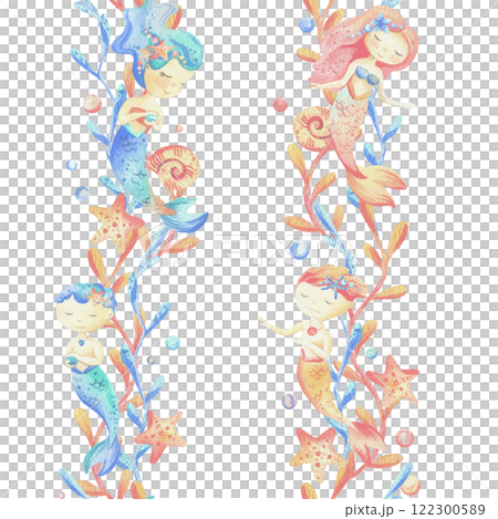 Mermaids is a little girls and boys with fish, seashell, corals, algae, starfish. Watercolor illustration hand drawn pastel colors coral and blue. Seamless board isolated from background Mermaids is a little girls and boys with fish, seashell, corals, algae, starfish. Watercolor illustration hand drawn pastel colors coral and blue. Seamless board isolated from background 122300589