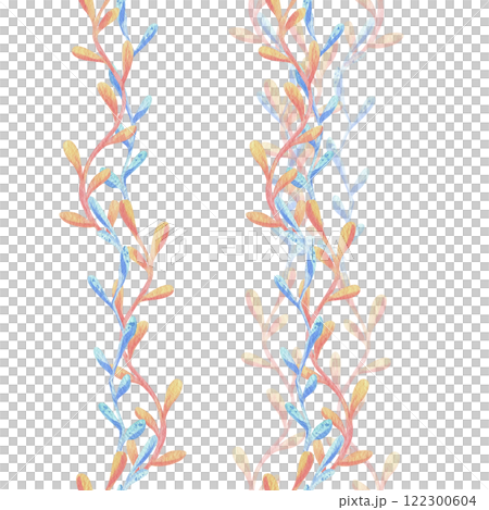 Seaweed, coral, ocean underwater coral reef animals. Watercolor illustration, hand drawn in pastel colors: pink, peach, coral, turquoise, blue. Seamless board isolated from background Seaweed, coral, ocean underwater coral reef animals. Watercolor illustration, hand drawn in pastel colors: pink, peach, coral, turquoise, blue. Seamless board isolated from background 122300604