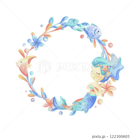 Mermaid is a little girl with long hair and a tail, fish, flowers. Watercolor illustration hand drawn with pastel colors turquoise, blue, mint, coral. Round frame wreath isolated from background. Mermaid is a little girl with long hair and a tail, fish, flowers. Watercolor illustration hand drawn with pastel colors turquoise, blue, mint, coral. Round frame wreath isolated from background. 122300605