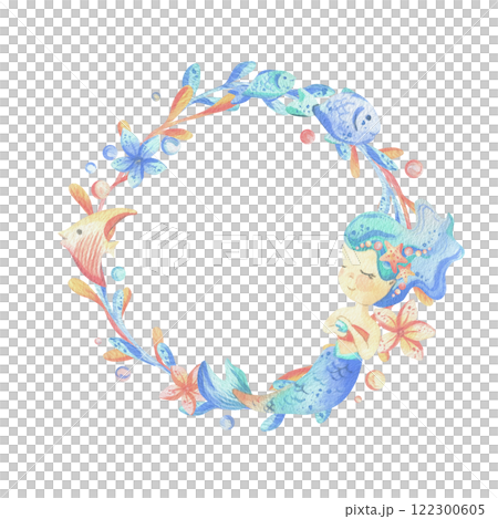 Mermaid is a little girl with long hair and a tail, fish, flowers. Watercolor illustration hand drawn with pastel colors turquoise, blue, mint, coral. Round frame wreath isolated from background. Mermaid is a little girl with long hair and a tail, fish, flowers. Watercolor illustration hand drawn with pastel colors turquoise, blue, mint, coral. Round frame wreath isolated from background. 122300605