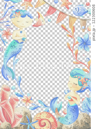 Mermaid little boy and girl with sea corals, algae, shells, starfish, fish, bubbles. Watercolor illustration hand drawn in coral, turquoise and blue colors. rectangular vertical frame template 122300608