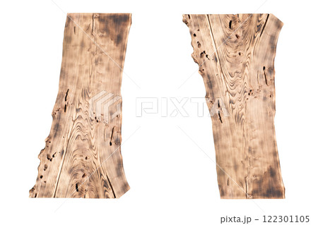 Production of a wooden table from an array of Karagach. Wood Slabs isolated on white background. Exclusive home table, solid wood slab, wood texture background. 122301105