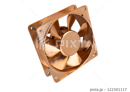CPU fan. Computer cooler or cooling ventilation for computer isolated on white background. Copper computer fan isolated 122301117
