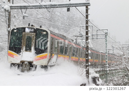 吹雪くみなかみ町を行く上越線E129系電車(水上⇔長岡) 吹雪くみなかみ町を行く上越線E129系電車(水上⇔長岡) 122301267