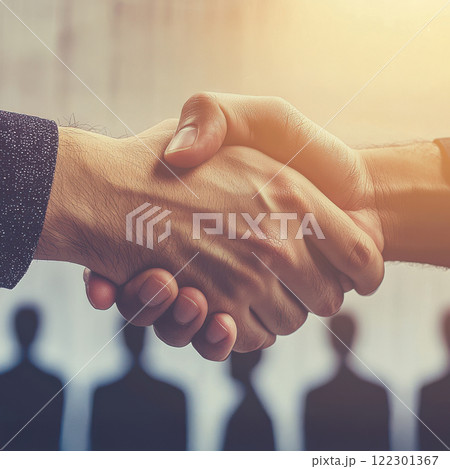 Business handshake symbolizing partnership and collaboration digital world, with silhouettes of people background, conveying trust and agreement 122301367