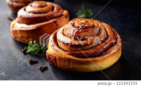 Swedish cinnamon buns or rolls. Freshly baked buns on a black stone table 122301555