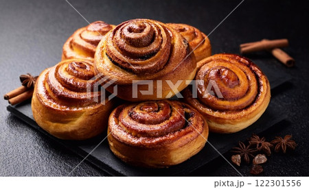Swedish cinnamon buns or rolls. Freshly baked buns on a black stone table 122301556