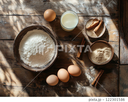 various baking ingredients 122301586