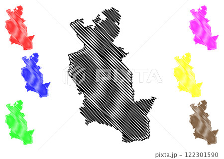 Welwyn Hatfield Non-metropolitan district, borough (United Kingdom of Great Britain and Northern Ireland, ceremonial county Hertfordshire or Herts, England) map vector, scribble sketch map 122301590
