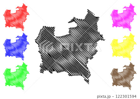 West Lindsey Non-metropolitan district (United Kingdom of Great Britain and Northern Ireland, ceremonial county Lincolnshire or Lincs, England) map vector illustration, scribble sketch map 122301594