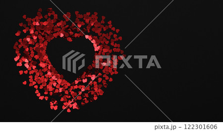 Banner with heart made of small shiny hearts. Copyspace, black background. Valentine's Day card 122301606