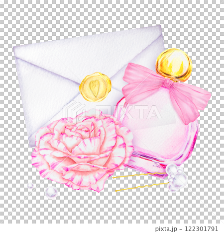Watercolor composition of a pink perfume bottle with a ribbon, a blooming rose, pearls, a golden wax seal, and an envelope. Elegant and romantic illustration for Valentine and wedding designs Watercolor composition of a pink perfume bottle with a ribbon, a blooming rose, pearls, a golden wax seal, and an envelope. Elegant and romantic illustration for Valentine and wedding designs 122301791