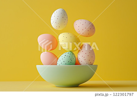 abstract composition colorful easter eggs in bowl on yellow background 122301797