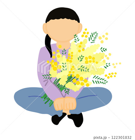ミモザの花束を持って座る女性 122301832
