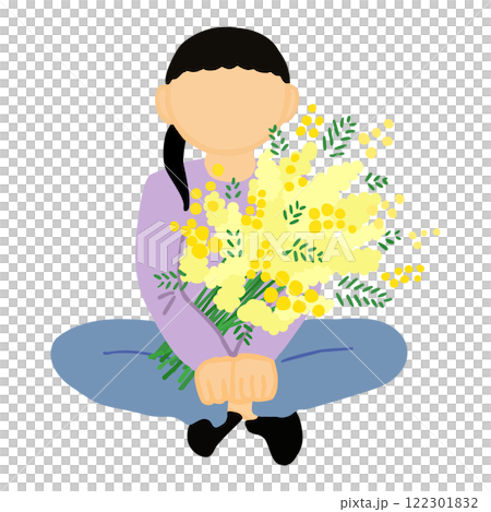 ミモザの花束を持って座る女性 122301832
