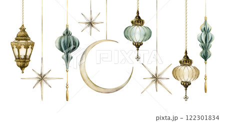 Hanging Lanterns with Crescent moon and stars Clip Art Set. Watercolor hand painted isolated illustration for greeting card, invitation of Ramadan Kareem, Muslim holiday, Eid Mubarak, Al Fitr, Adha Hanging Lanterns with Crescent moon and stars Clip Art Set. Watercolor hand painted isolated illustration for greeting card, invitation of Ramadan Kareem, Muslim holiday, Eid Mubarak, Al Fitr, Adha 122301834