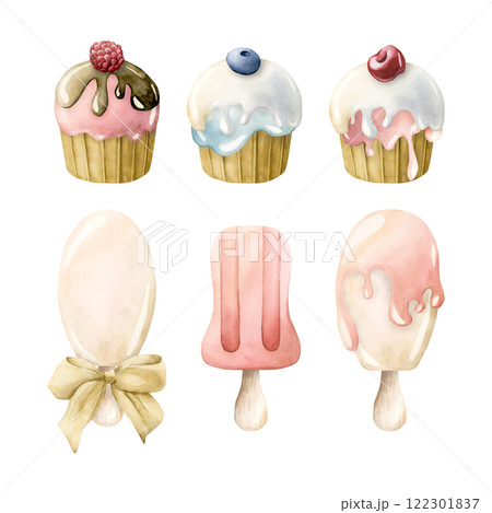 Cute cupcake and ice cream, popsicle set. Watercolor hand painted summer food illustration isolated on white background for delicious textile, baby clothes fabric, kids birthday, baby shower, nursery Cute cupcake and ice cream, popsicle set. Watercolor hand painted summer food illustration isolated on white background for delicious textile, baby clothes fabric, kids birthday, baby shower, nursery 122301837