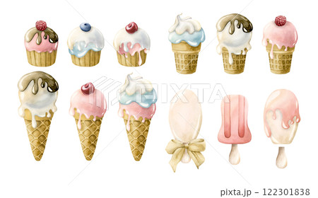 Cute cupcake and ice cream, popsicle set. Watercolor hand painted summer food illustration isolated on white background for delicious textile, baby clothes fabric, kids birthday, baby shower, nursery Cute cupcake and ice cream, popsicle set. Watercolor hand painted summer food illustration isolated on white background for delicious textile, baby clothes fabric, kids birthday, baby shower, nursery 122301838