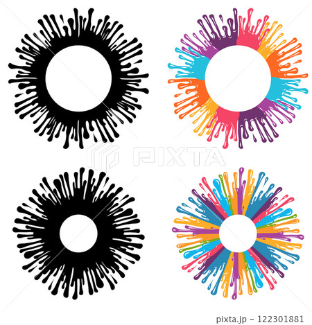 Vector set of circle frames with colorful and monochrome paint drips. Round frames with dye and place for text. Collection liquid dye blot 122301881