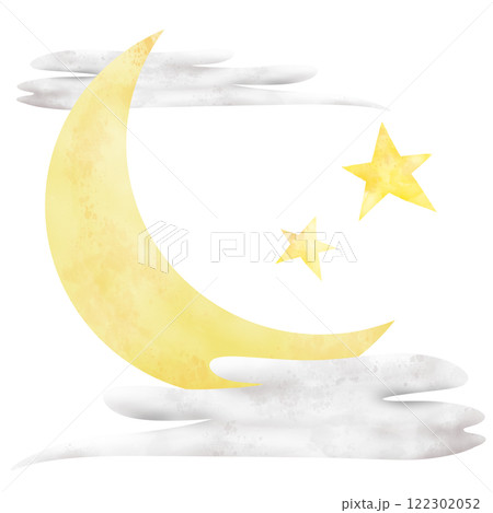 雲に隠れる三日月と星の手描き水彩イラスト 122302052