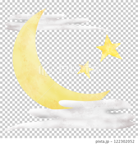 雲に隠れる三日月と星の手描き水彩イラスト 122302052