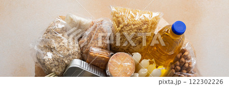 Essential home food stock for military operations and crises and for the period of quarantine and isolation, canned food, pasta, flour and nonperishable items,the concept of stay at home, banner Essential home food stock for military operations and crises and for the period of quarantine and isolation, canned food, pasta, flour and nonperishable items,the concept of stay at home, banner 122302226