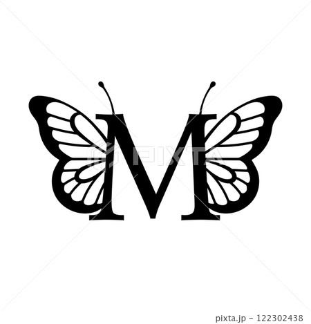 Vector design with split letter M with butterfly wings. Modern typography with nature-inspired elegance Vector design with split letter M with butterfly wings. Modern typography with nature-inspired elegance 122302438
