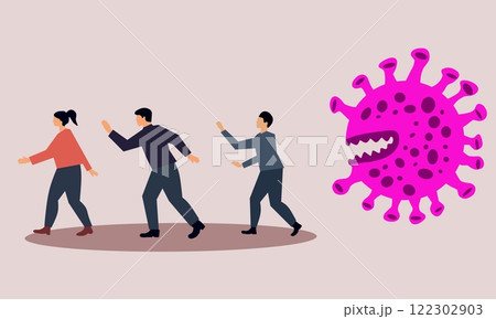 Illustration of people running away from a giant pink virus with sharp teeth, symbolizing fear and pandemic impact. Perfect for health, awareness, and medical concepts Illustration of people running away from a giant pink virus with sharp teeth, symbolizing fear and pandemic impact. Perfect for health, awareness, and medical concepts 122302903