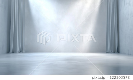 photo studio background with white walls and curtains, soft light illuminating the space 122303578