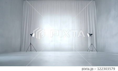 photo studio background with white walls and curtains, soft light illuminating the space 122303579