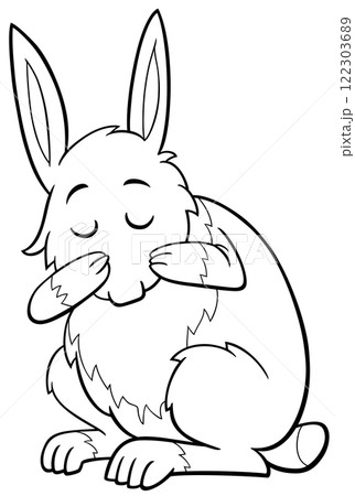 cartoon rabbit animal character washing itself coloring page 122303689
