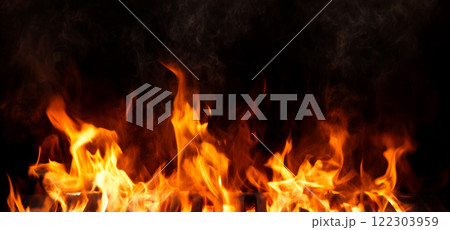 barbecue BBQ grill with flaming fire and ember charcoal on black background barbecue BBQ grill with flaming fire and ember charcoal on black background 122303959