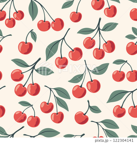 Vector Seamless Pattern with Adorable Cherry on White Background. Cute Cherries for Valentine s Day, Love, Romance Concept 122304141