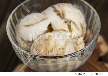 balls of creamy ice cream with the addition of natural maple syrup 122304420