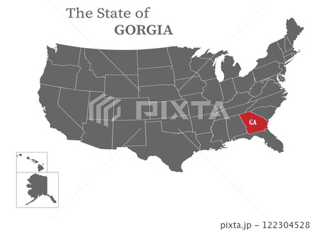 The state of Georgia on the map of the United States of America is highlighted in red. States of the USA with borders on a general map 122304528