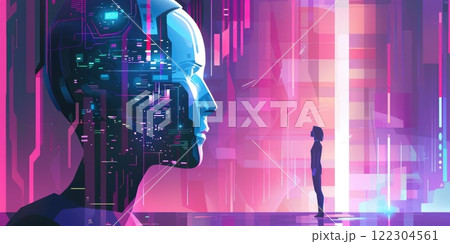 A digital avatar of a human-like robot engaging in virtual social interaction with real individuals, illustrating the convergence of virtual reality and human experience 122304561